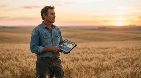 Un agriculteur consultant des données de marché céréalier dans un champ de blé doré au coucher du soleil