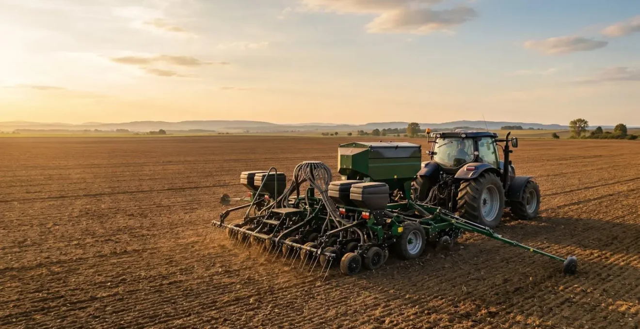 Semoir monograine de précision déployé dans un champ agricole en action de semis