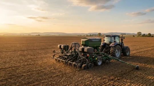 Semoir monograine de précision déployé dans un champ agricole en action de semis