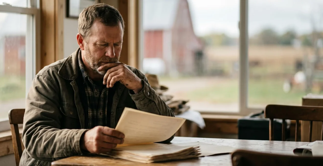 Agriculteur consultant des documents officiels dans son exploitation sous lumière naturelle