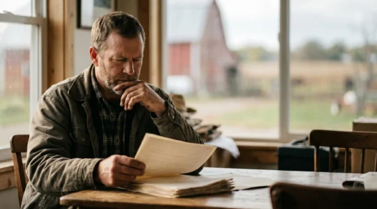 Agriculteur consultant des documents officiels dans son exploitation sous lumière naturelle