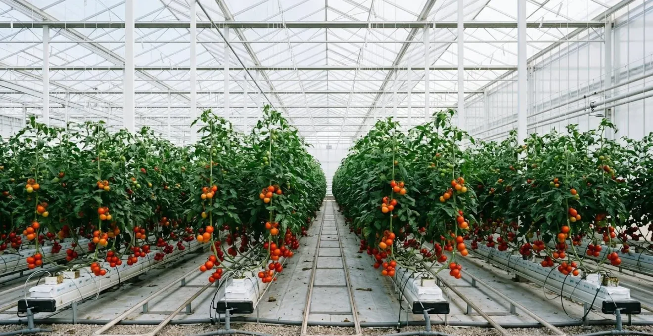 Installation de culture hydroponique de tomates avec goutte-à-goutte et système de nutrition contrôlée