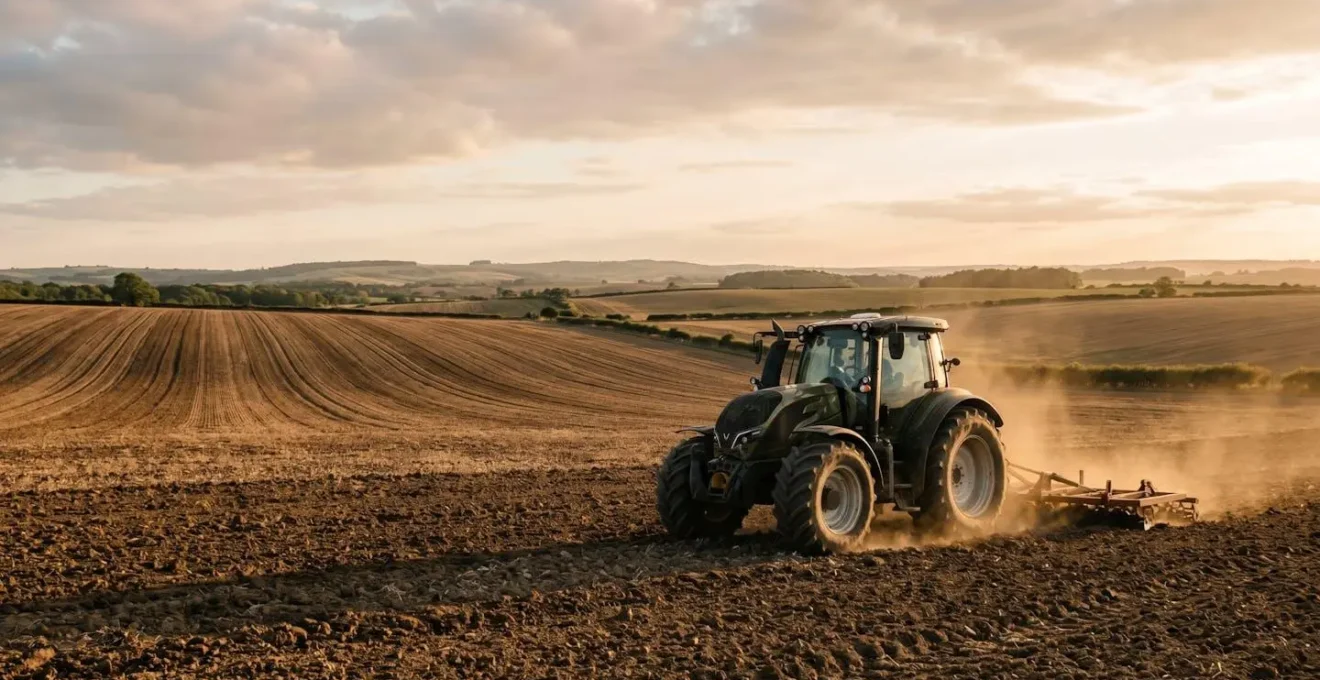 Tracteur agricole moderne sur exploitation en pleine activité de gestion optimisée
