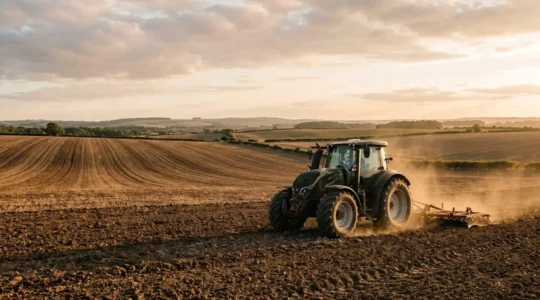 Tracteur agricole moderne sur exploitation en pleine activité de gestion optimisée