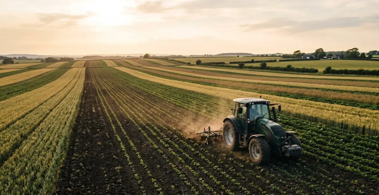 Tracteur moderne travaillant dans une exploitation agricole de polyculture