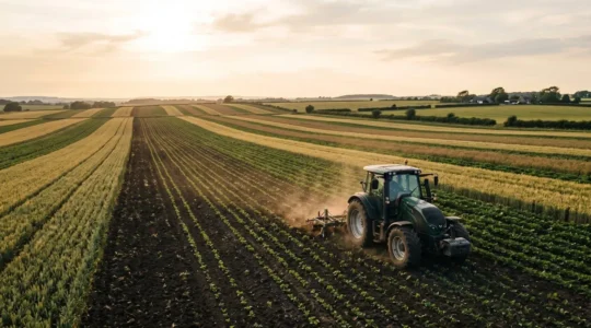 Tracteur moderne travaillant dans une exploitation agricole de polyculture