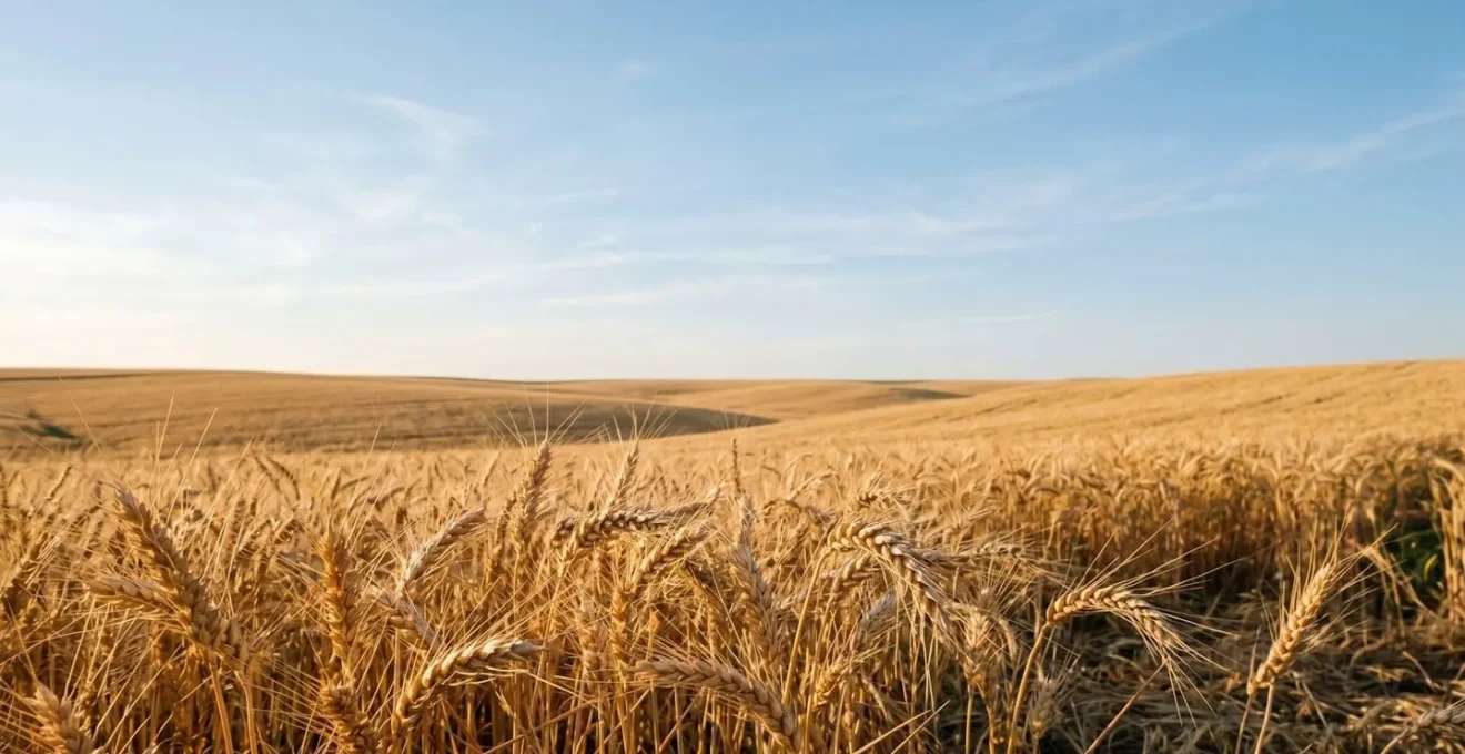 Scène agricole montrant des épis de blé à maturité en gros plan avec profondeur de champ